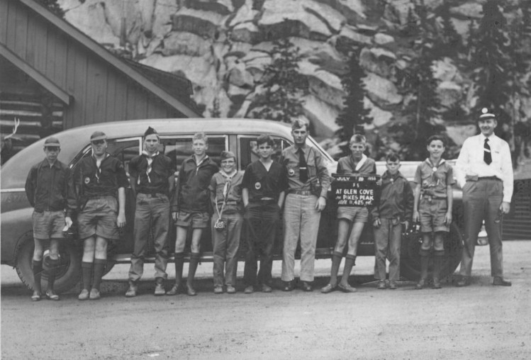 Boy Scouts from the Sunnyland Council (Florida) who attended visits Pikes Peak, Colorado on way to 1953 Jamboree. Scoutmaster U.S. Cleveland is fifth from right; others are unidentified.