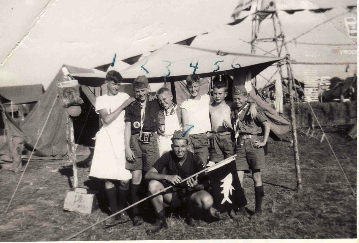 A few memories of the first Valley Forge, PA National Jamboree: Region 6, Section 8, Jamboree Troop 27, Tarpon Patrol L-R - Sonny Levarock, Don Laurant, Jerry Loge, Jim Dun, Ted Leroy.